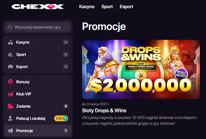 Aktualna sekcja Promotions CHEXX z listą kampanii i datami zakończenia