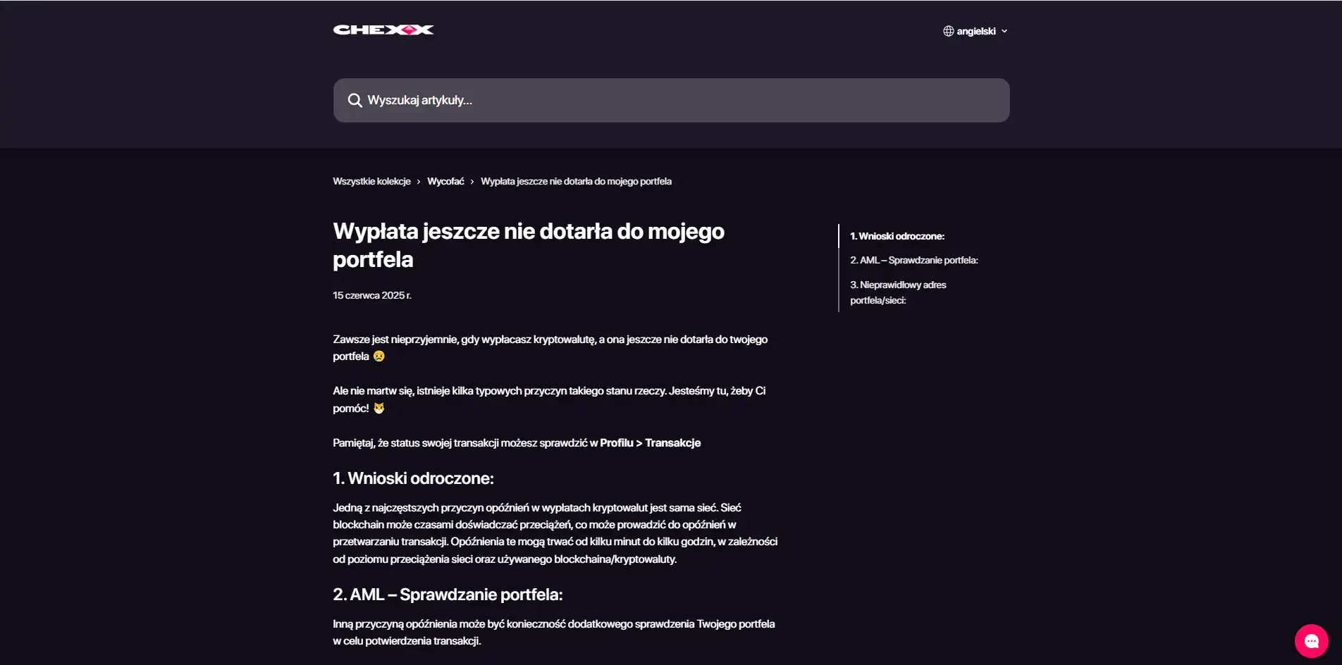 Artykuł pomocy CHEXX o opóźnionej wypłacie kryptowaluty