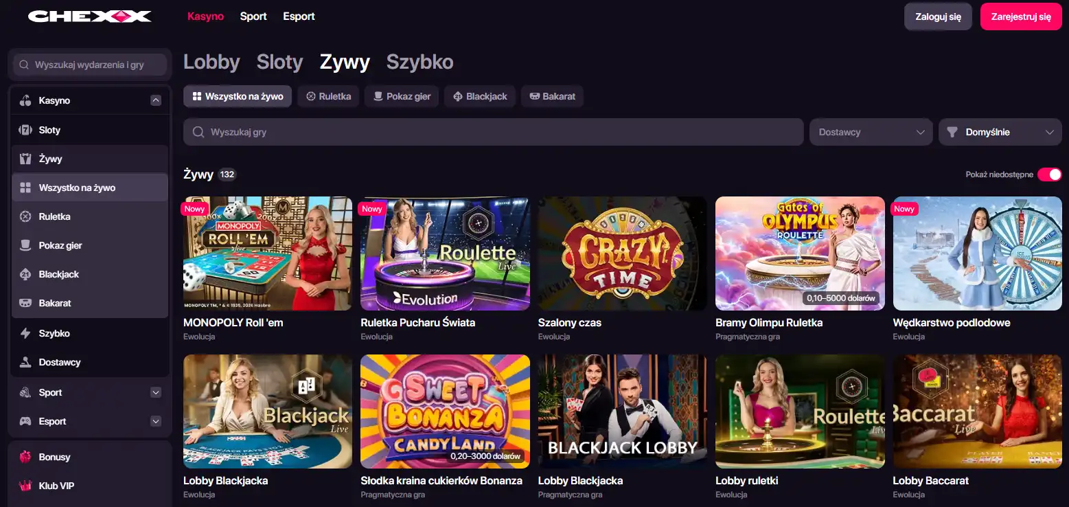 Sekcja Live Casino CHEXX z widocznymi kategoriami i stołami na żywo