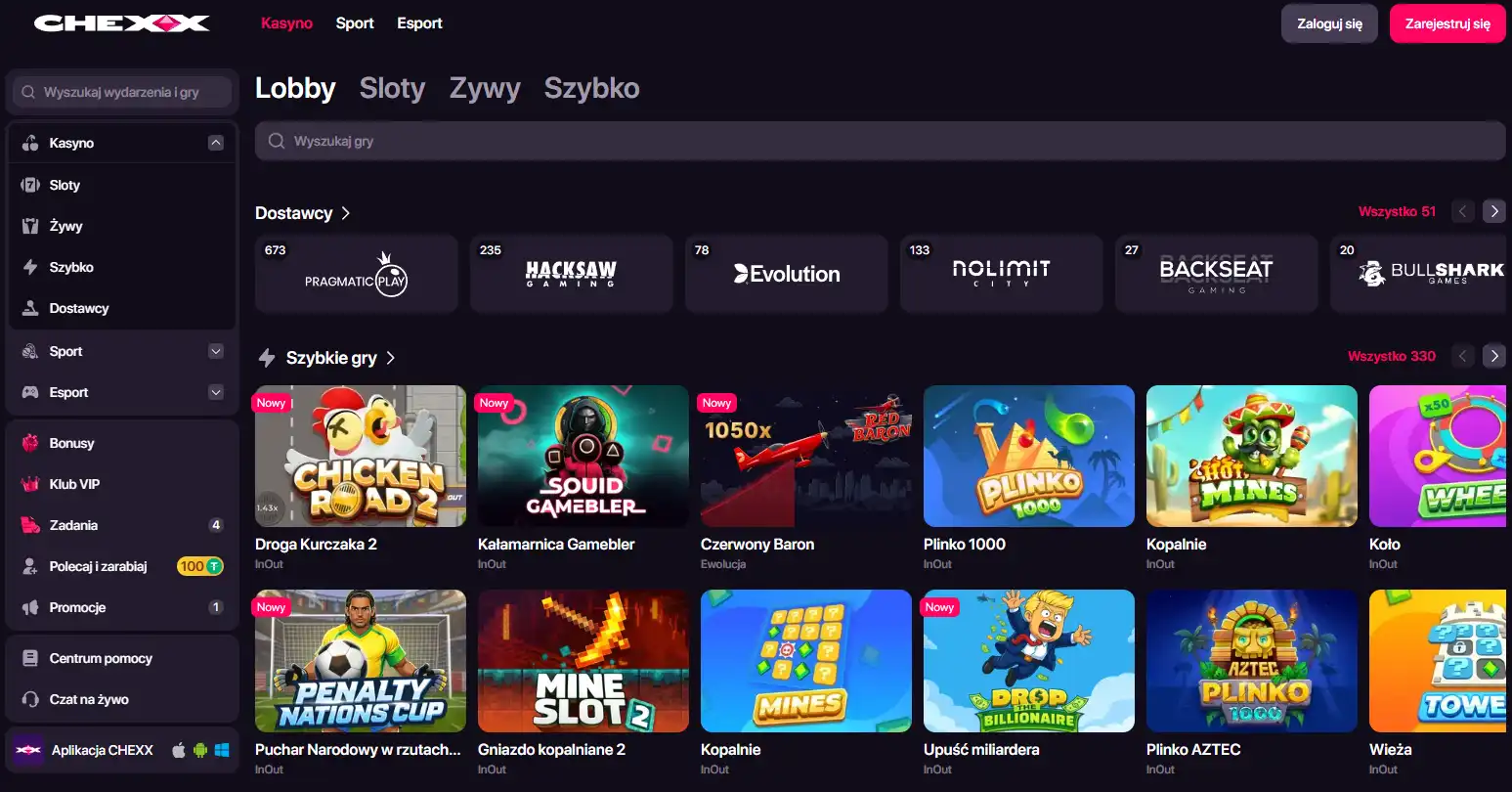 Aktualny katalog Casino CHEXX z kategoriami gier i listą providerów