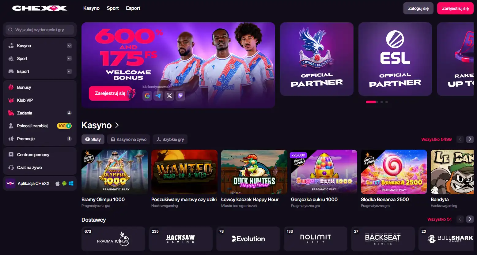 Interfejs platformy CHEXX z nawigacją casino i sports