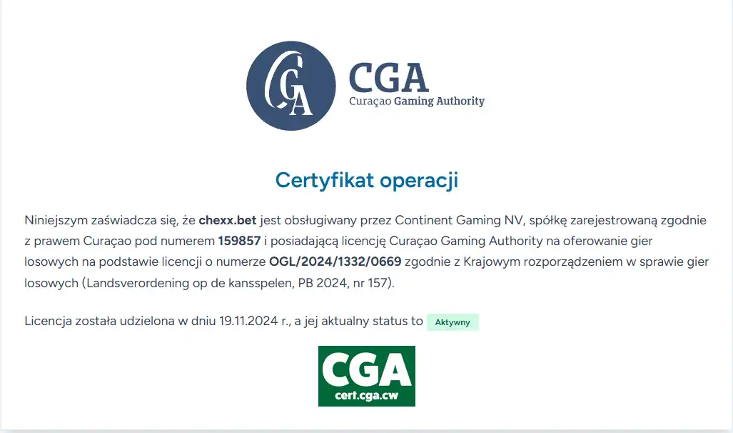 Certyfikat Curaçao Gaming Authority dla chexx.bet i Continent Gaming N.V.